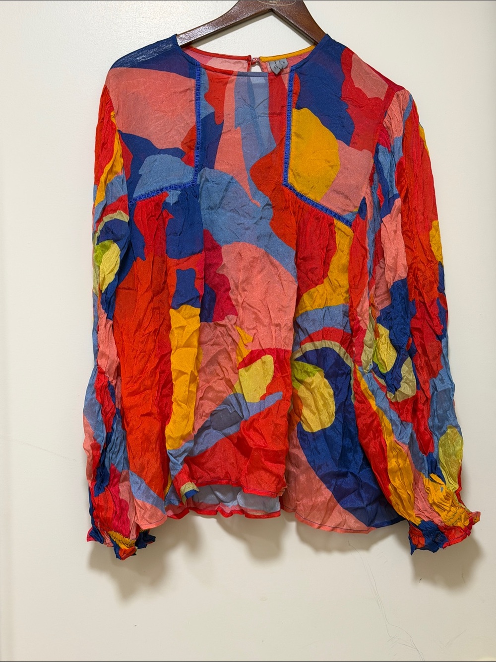 Multicolor Abstract Crinkle Long-Sleeve Blouse
